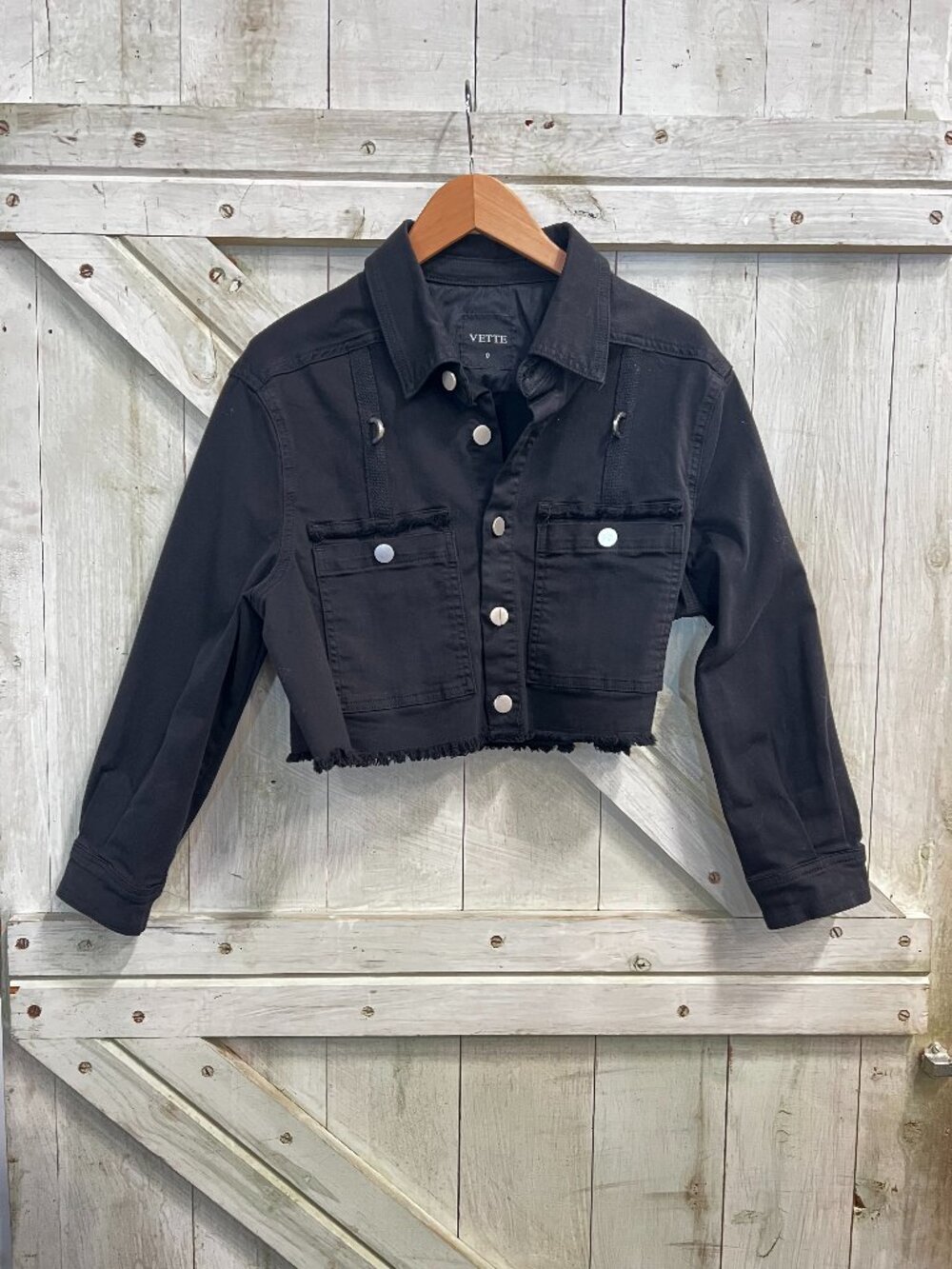 Vette Black Cropped Denim Frayed Hem Jacket Size 0